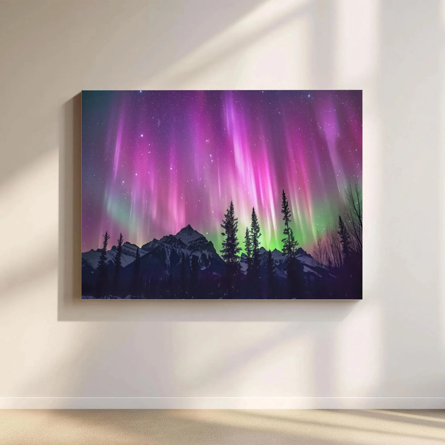 Aurora Borealis Canvas Wall Art | Northern Lights Mountain Forest Landscape | Gallery Wrapped Premium Decor | Nature Lover Gift for Home Office
