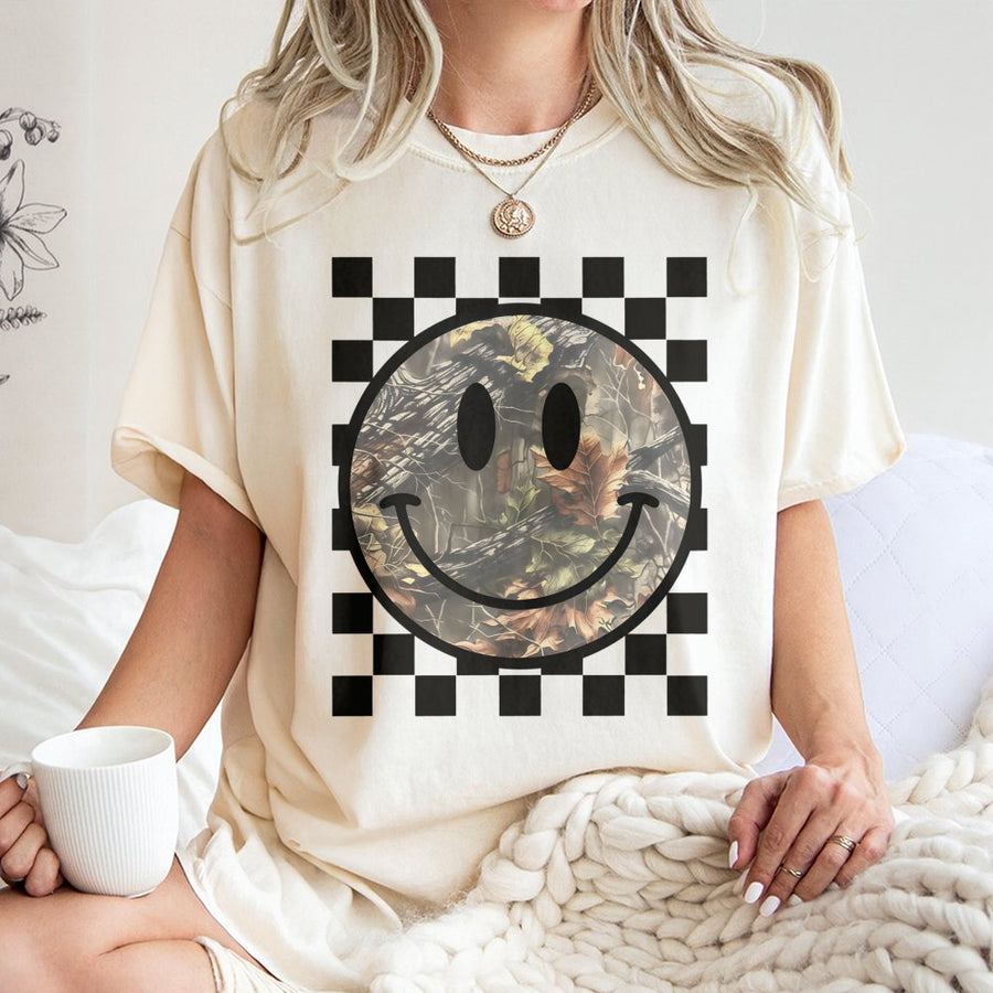 Camo Smiley Face T-Shirt | Retro Checkered Graphic Print | 100% Cotton Premium Tee | Trendy Streetwear Gift for Men and Women