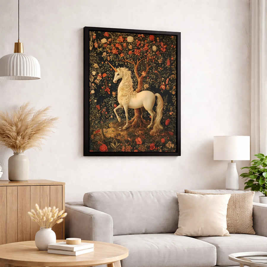 Unicorn Wall Art Print | Medieval Tapestry Inspired Forest Design | Premium Gallery-Wrapped Canvas | Magical Home Decor Gift for Fantasy Lovers