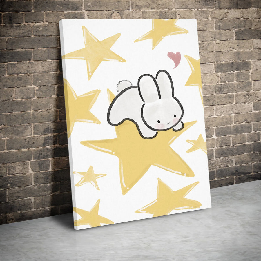 Cute Bunny Canvas Art | Whimsical Rabbit on Yellow Star Wall Decor | Premium Fade-Resistant Gallery Wrap | Nursery & Kids Room Gift Idea