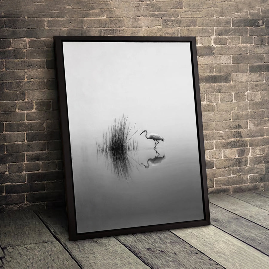 Egret Wall Art Canvas | Minimalist Misty Lake Reflection Print | Gallery Quality 1.25 Inch Wrap | Modern Nature Home Decor Gift