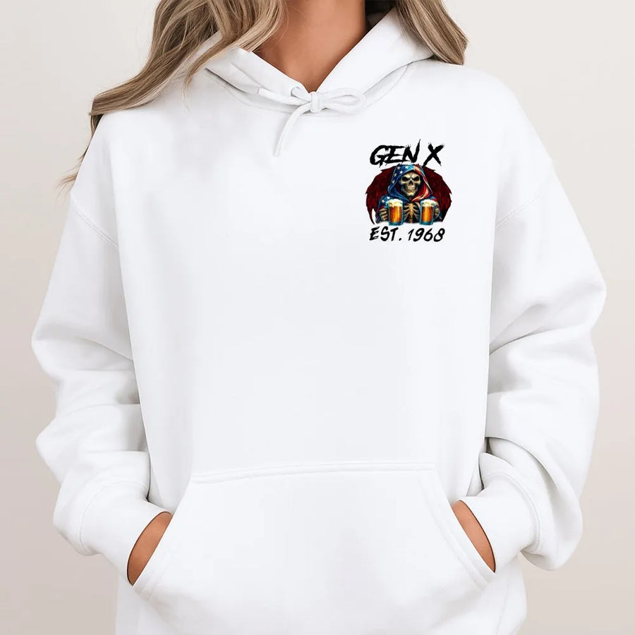 Gen X Hoodie | Funny Skull Beer Graphic EST. 1968 | Premium Cotton Blend | Nostalgic Birthday Gift for Men & Women