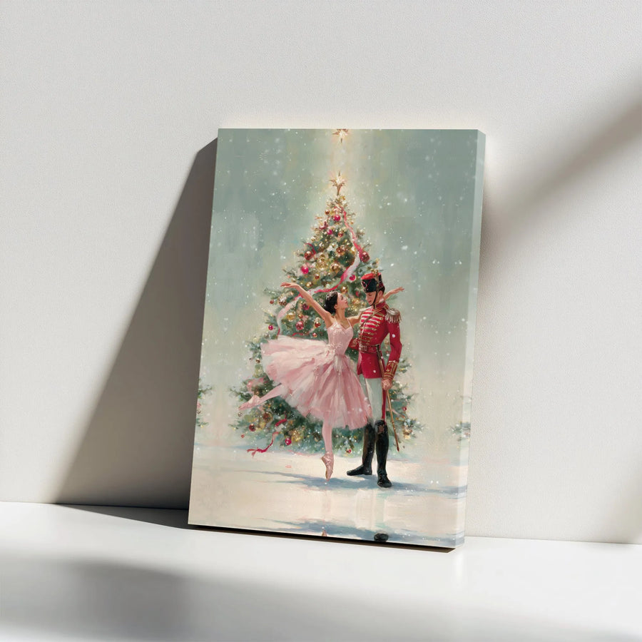 Nutcracker Ballet Canvas Art | Ballerina and Soldier Christmas Tree Wall Decor | Premium Gallery Wrap Print | Festive Holiday Gift for Dance Lovers