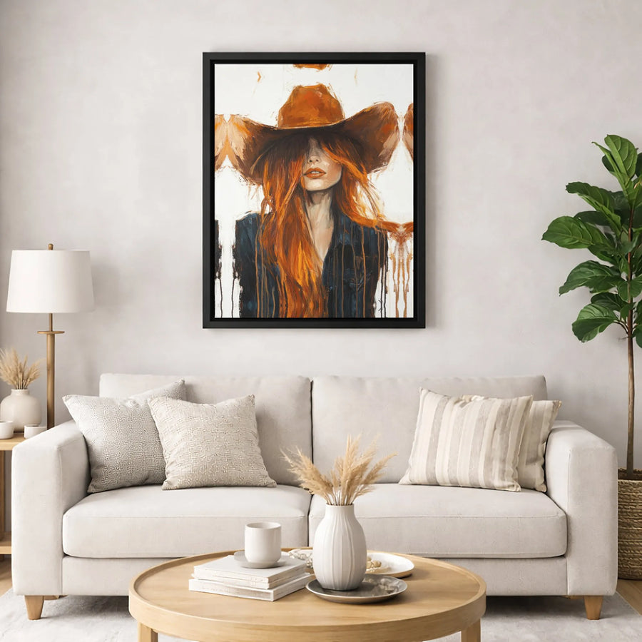 Cowgirl Portrait Canvas Wall Art | Abstract Redhead Woman in Cowboy Hat | Premium Gallery-Wrapped Print | Western Boho Home Decor Gift