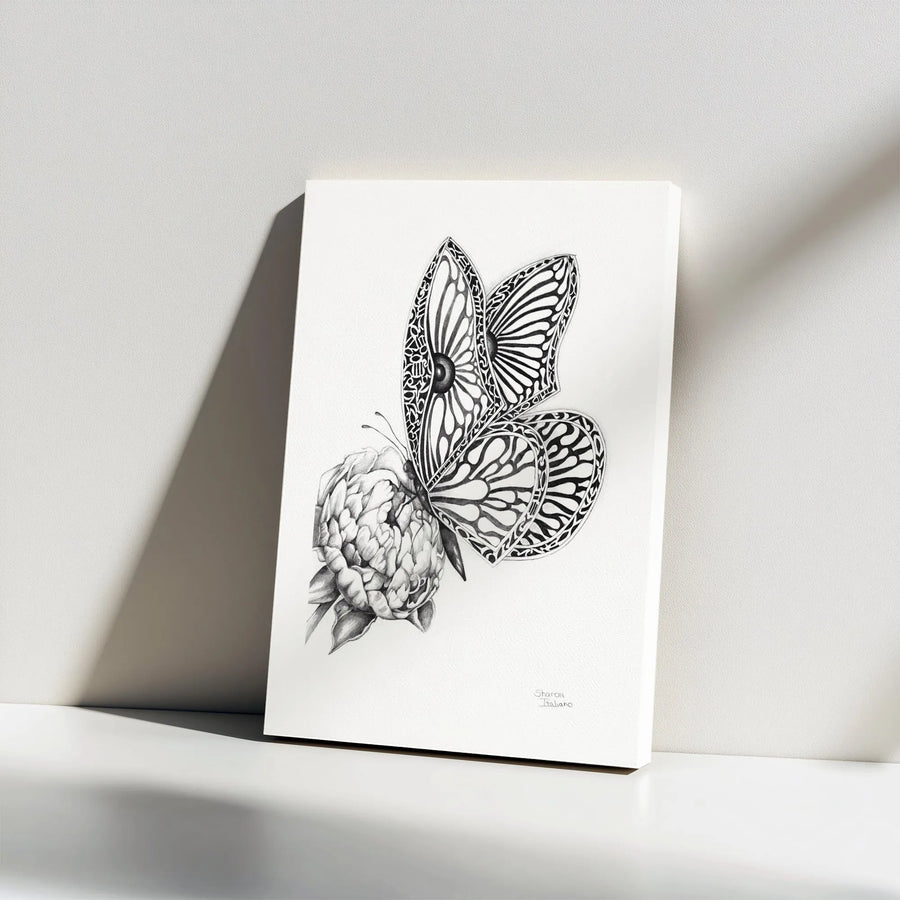 Butterfly on Peony Canvas Print | Intricate Black and White Sketch Illustration | Premium Fade-Resistant Canvas | Modern Botanical Wall Decor Gift