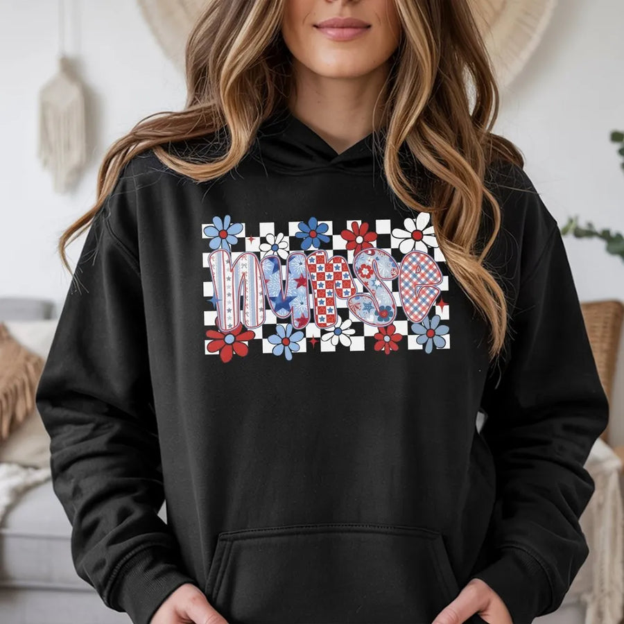 Patriotic Nurse Hoodie | USA Flag Floral Graphic | Soft Cotton Blend Sweatshirt | 4th of July Gift for Nurse