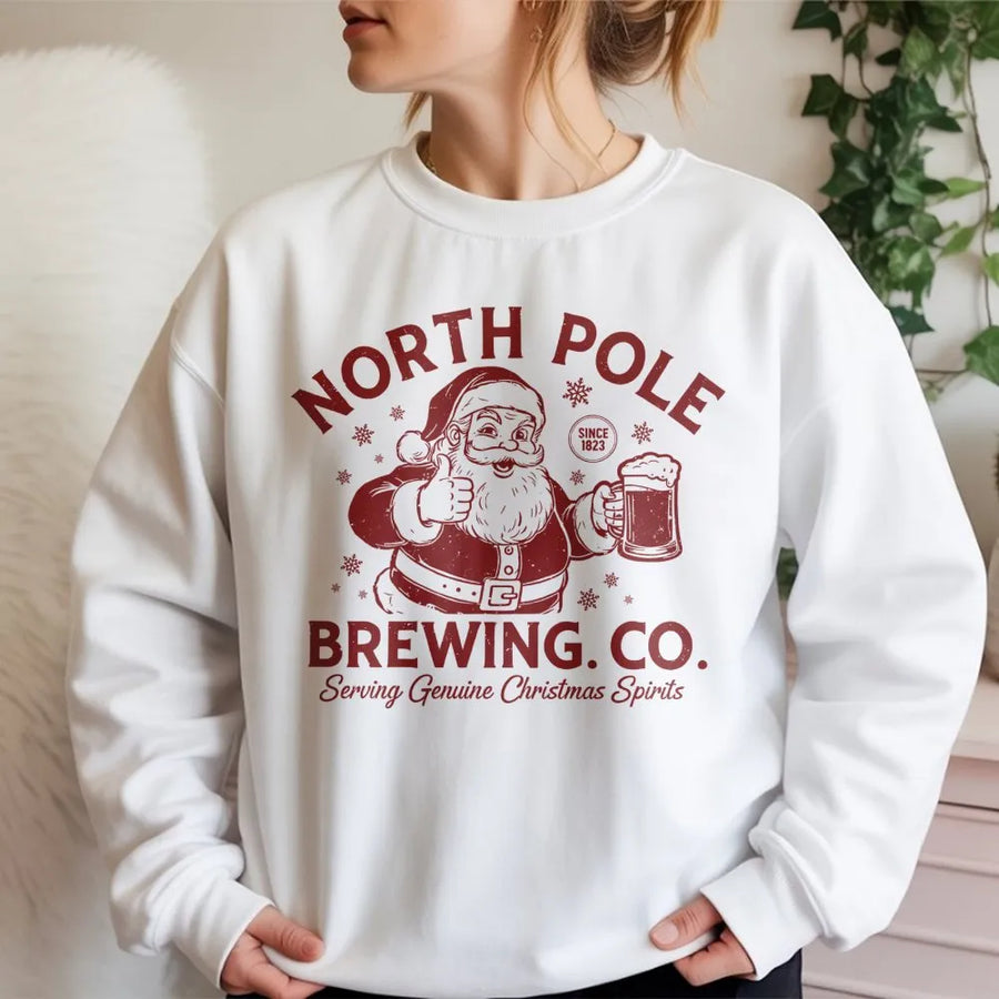 North Pole Brewing Co Sweatshirt | Vintage Santa Beer Graphic | Premium Cotton Blend | Funny Christmas Holiday Gift for Beer Lovers