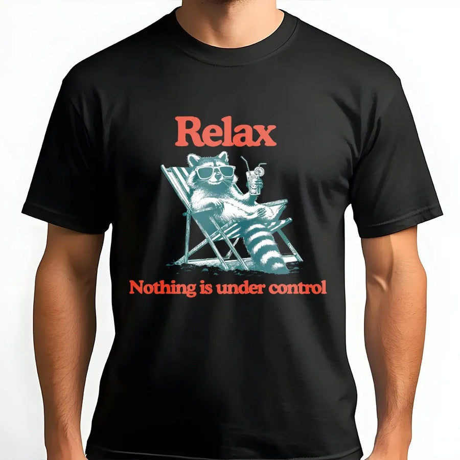 Relax Raccoon T-Shirt | Funny 'Nothing is Under Control' Quote | Vintage Style Graphic Crewneck | Sarcastic Anxiety Humor Gift for Adults