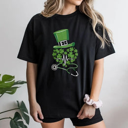 St Patrick's Day Nurse T-Shirt | Shamrock Heart Stethoscope Graphic | 100% Cotton Premium Tee | Cute Gift For Registered Nurses & Nursing Students