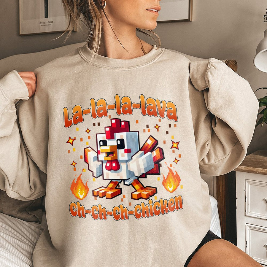 Lava Chicken Sweatshirt | Pixelated Block Gamer Graphic | Soft Cotton-Poly Blend | Fun Gaming Gift for Kids and Teens