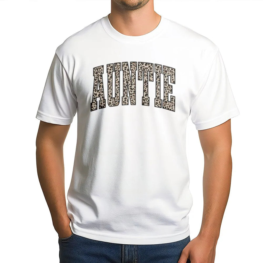 Auntie T-Shirt | Leopard Print Varsity Lettering | 100% Soft Cotton Tee | Cute Gift for Aunt and Auntie Birthday Announcement