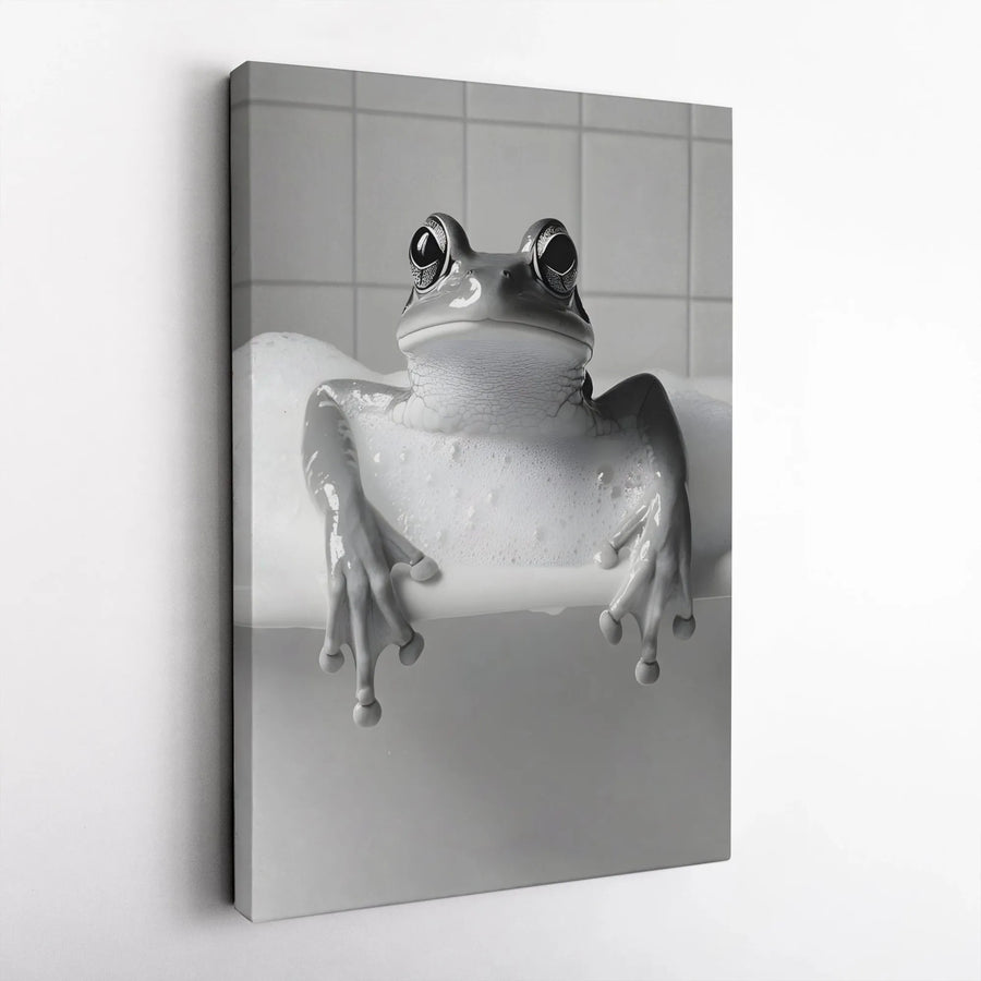 Frog In Bubble Bath Canvas Print | Whimsical Bathroom Wall Art | Premium Fade-Resistant Gallery Wrap | Funny Animal Decor for Home Office