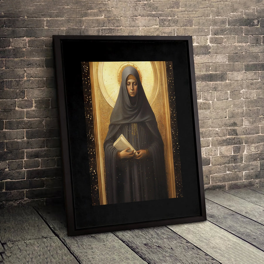 Religious Saint Wall Art | Golden Halo Nun With Book Portrait | Premium Gallery Canvas | Spiritual Home Decor Gift