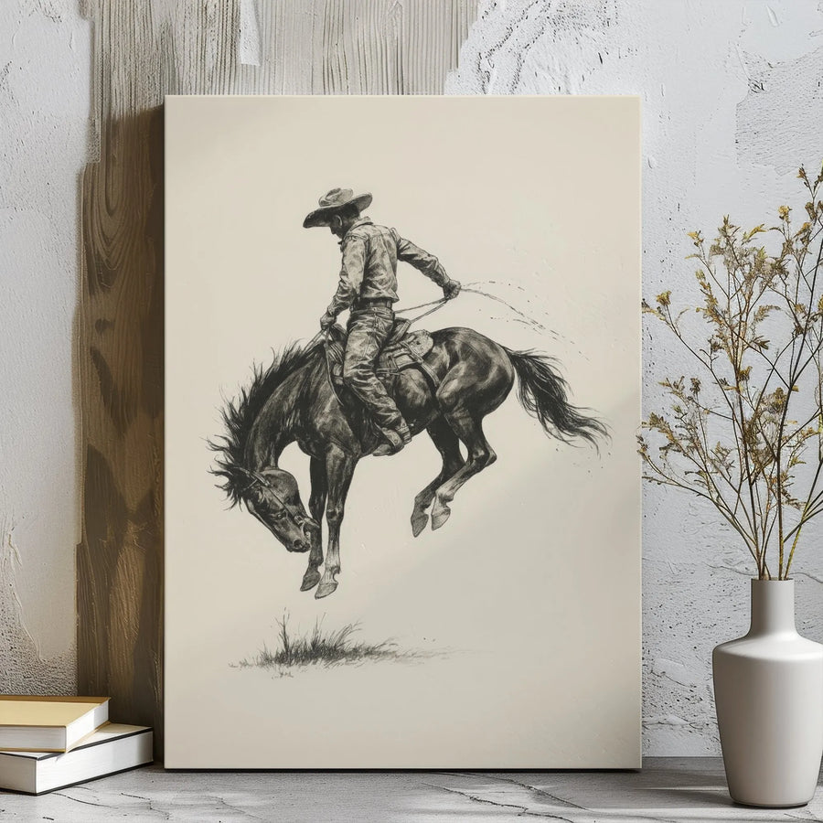 Western Cowboy Bucking Bronco Canvas Wall Art | Vintage Graphite Sketch Style | Premium Gallery Wrap Frame | Rustic Home & Office Decor Gift