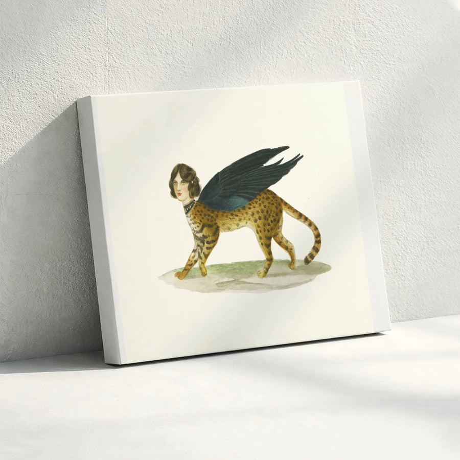 Mythological Sphinx Canvas Print | Vintage Winged Leopard Woman Illustration | Premium Gallery Wrapped Canvas | Unique Gift for Mythology Art Lovers