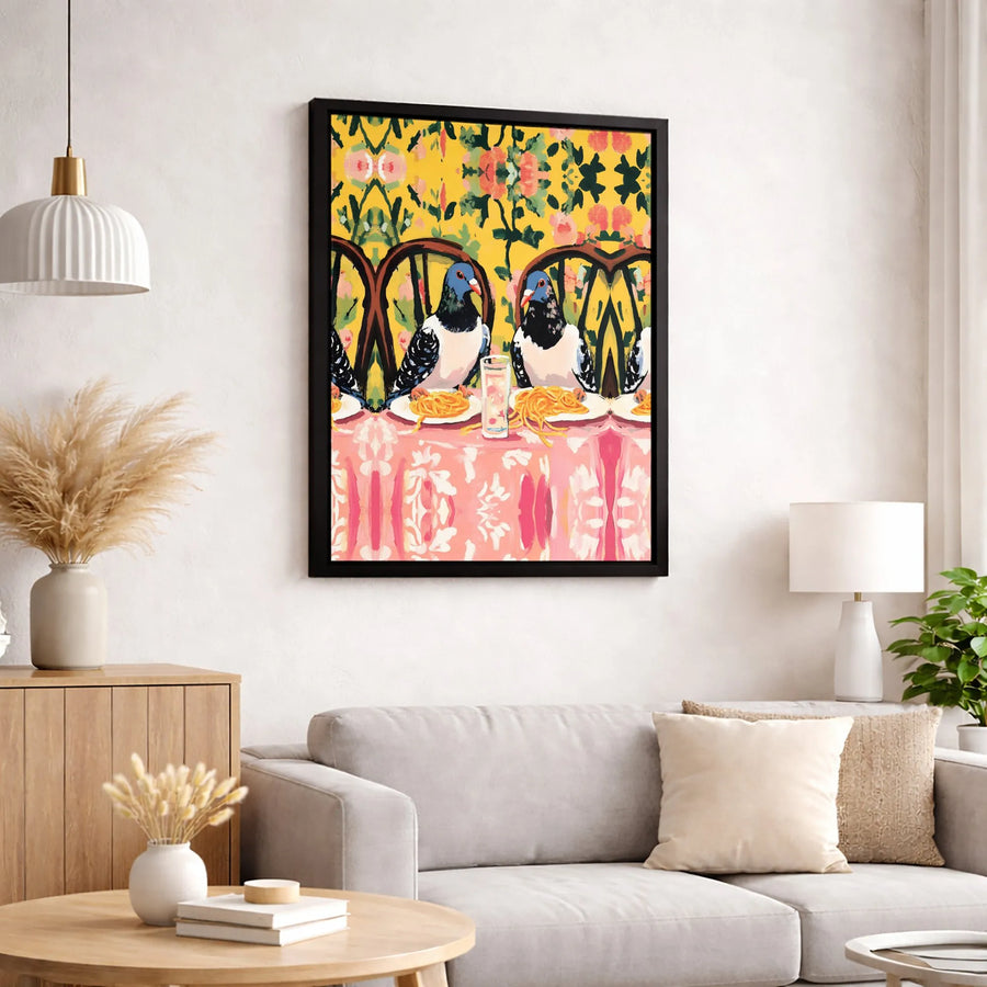 Pigeon Eating Spaghetti Canvas Art | Whimsical Bird Dinner Scene | Premium Gallery Wrap Print | Fun Kitchen & Dining Room Wall Decor