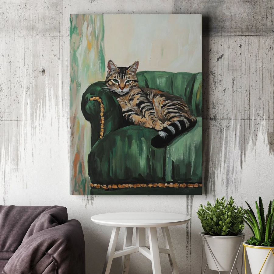 Regal Tabby Cat Vertical Canvas | Painterly Portrait on Green Chair | Premium High-Resolution Art Print | Unique Gift for Cat Lover