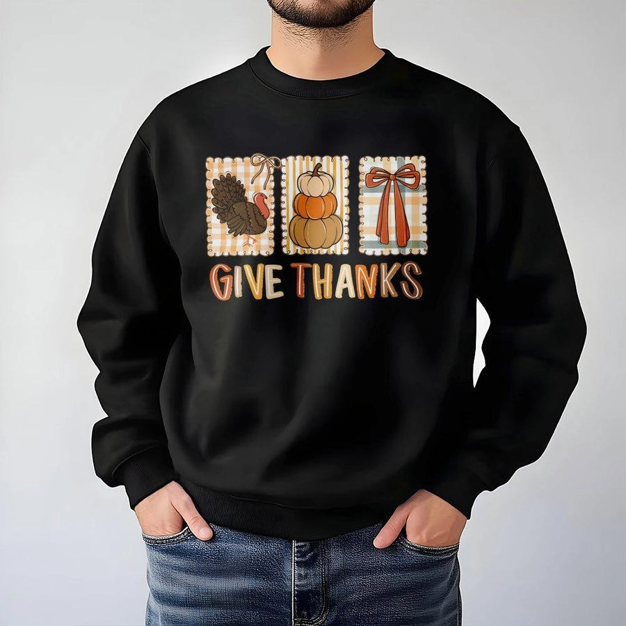 Give Thanks Thanksgiving Sweatshirt | Coquette Fall Pumpkin Turkey Bow Graphic | Premium Soft Blend Crewneck | Cute Holiday Gift for Women