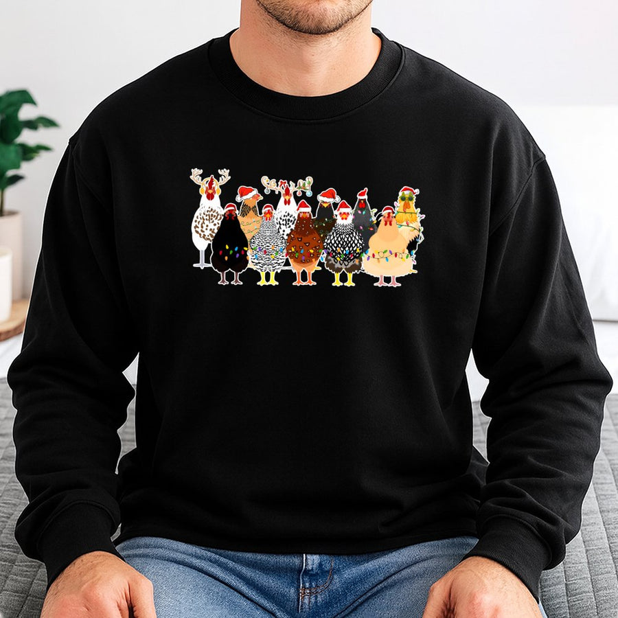 Funny Chicken Christmas Sweatshirt | Festive Santa Hat Hens with Lights | Premium Cotton Blend Crewneck | Holiday Gift for Chicken Lovers & Farmers