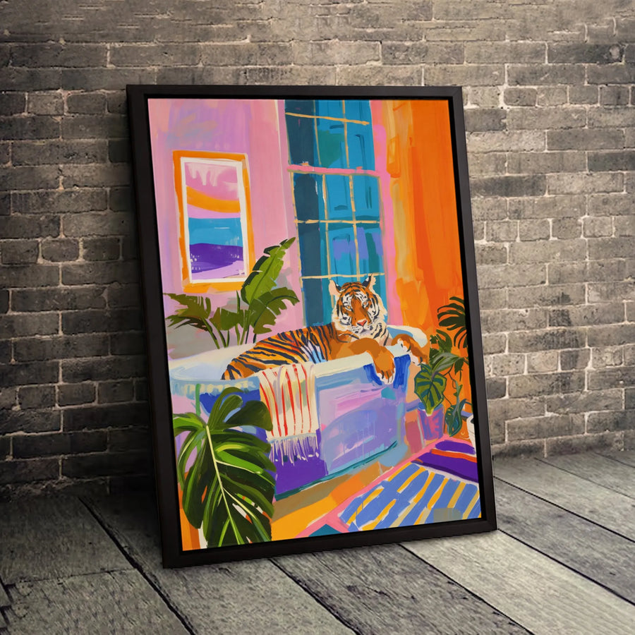 Tiger In Bathtub Wall Art | Tropical Jungle Bathroom Decor | 1.25" Gallery Wrapped Canvas | Vibrant Maximalist Home Gift