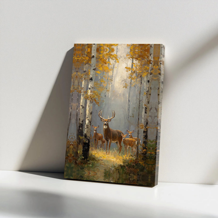 Deer Family Canvas Wall Art | Rustic Woodland Scene with Autumn Birch Trees | Premium Canvas Print | Lodge & Cabin Decor Gift