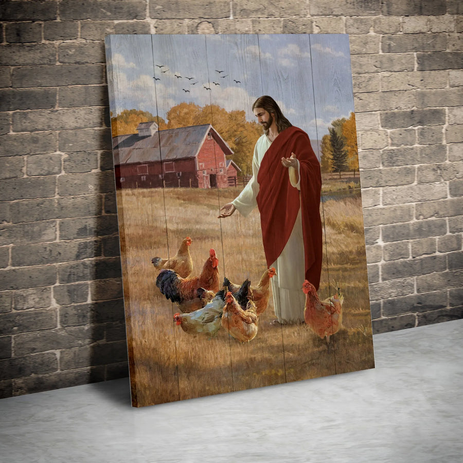 Jesus Feeding Chickens Canvas Print | Farmhouse Wall Art | Gallery Wrapped Premium Canvas | Religious Home Decor Gift for Chicken Lovers