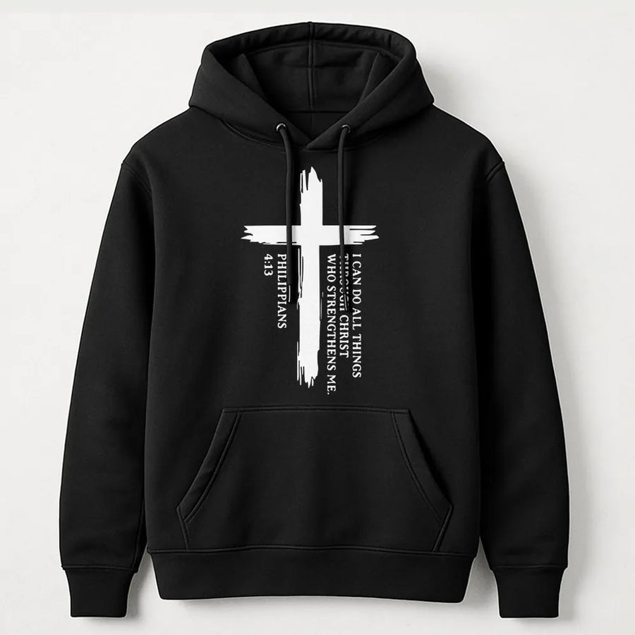 Philippians 4:13 Hoodie | I Can Do All Things Through Christ Cross Design | Premium Cotton Blend | Christian Faith Gift for Men and Women