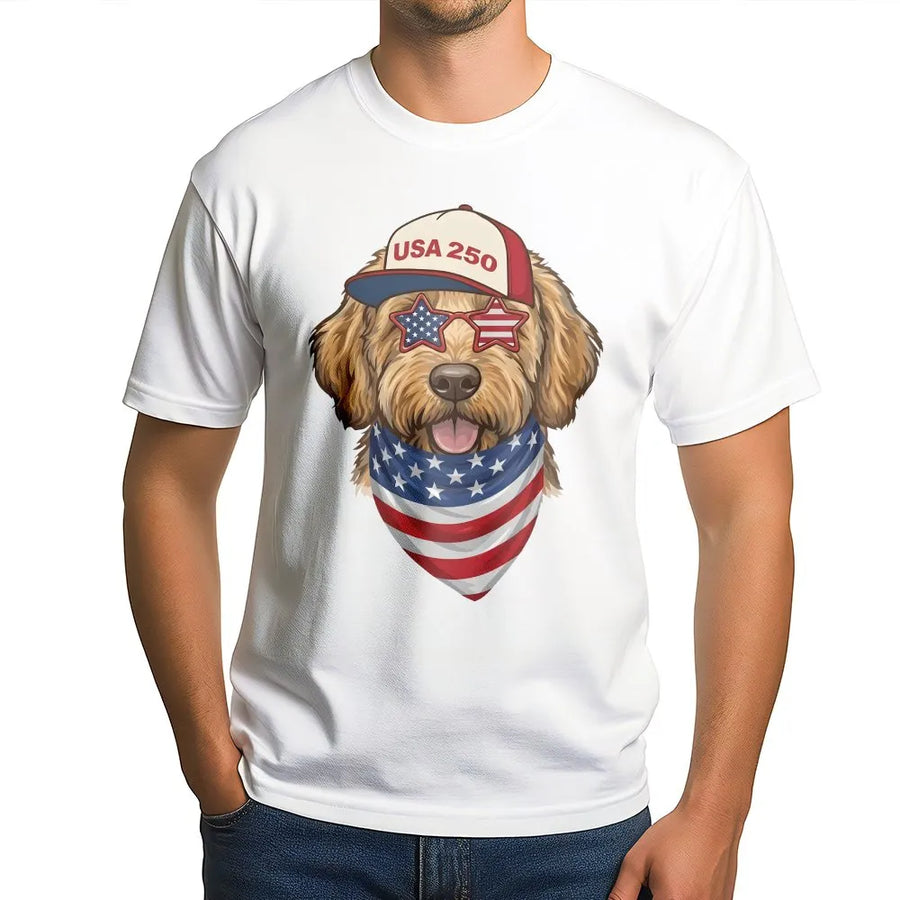 USA 250th Anniversary T-Shirt | Patriotic Dog with American Flag Graphic | Soft Cotton Blend Pullover | Fourth of July Gift for Dog Lovers