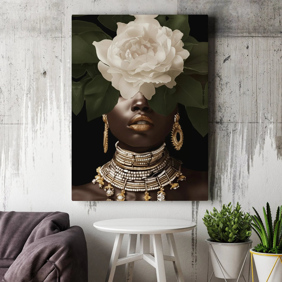 Black Woman Canvas Wall Art | Portrait With White Peony & Gold Jewelry | Premium Gallery Wrapped Print | Modern Afrocentric Home Decor Gift