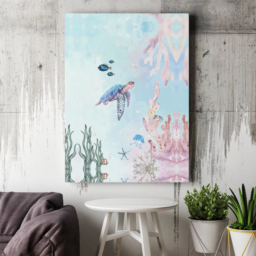 Sea Turtle Canvas Wall Art | Watercolor Coral Reef & Ocean Life | Premium Gallery Wrapped Canvas | Nautical Nursery Decor Gift