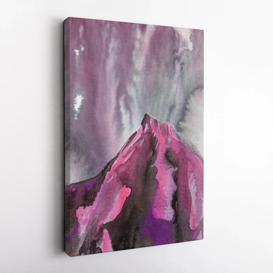 Mt Hood Mountain Watercolor Vertical Canvas | Abstract Purple and Magenta Peak Landscape Art | Premium 1.25" Gallery Wrapped Print | Pacific Northwest Nature Lover Gift