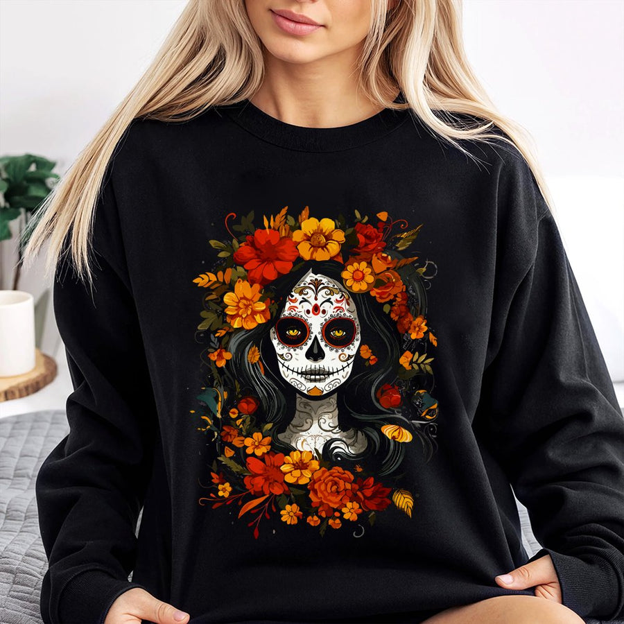 Day of the Dead Sugar Skull Sweatshirt | Floral La Catrina Graphic Art | Premium Cotton Blend Crewneck | Dia de los Muertos Gift for Women