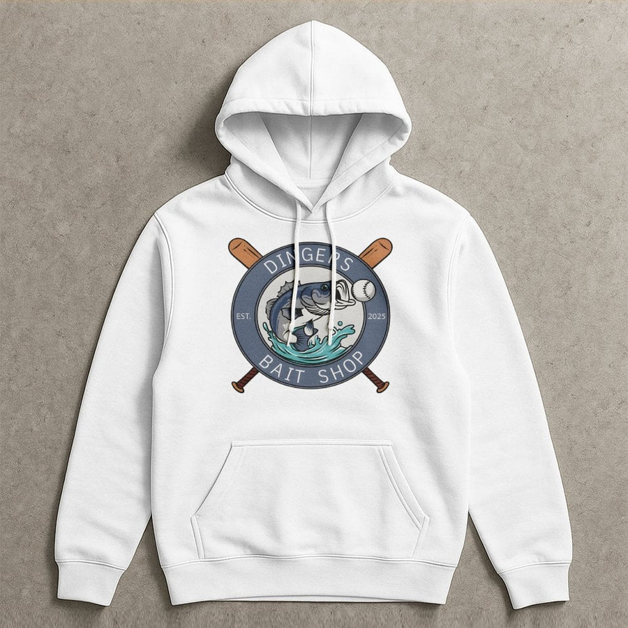 Dinger Bait Shop Hoodie | Funny Fishing Baseball Graphic | Premium Cotton Blend | Gift For Fishermen And Baseball Fans