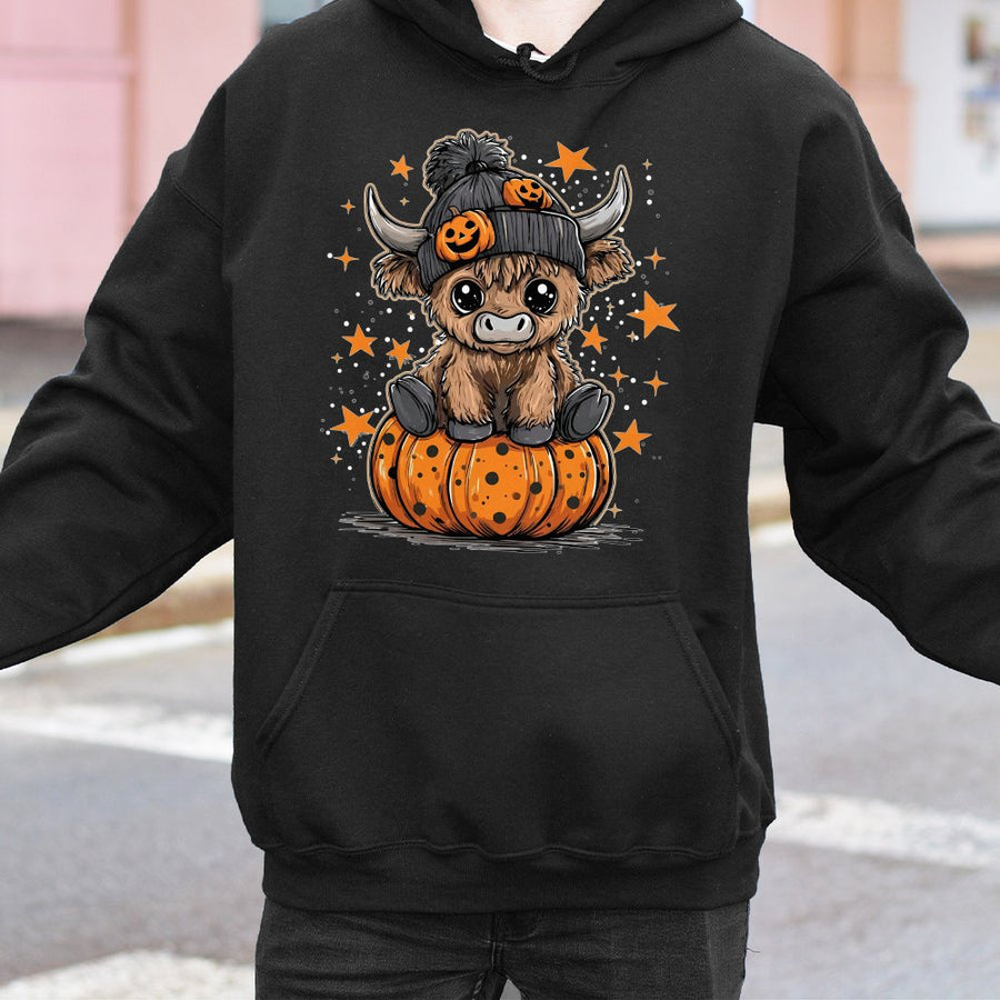 Halloween Highland Cow Hoodie | Cute Pumpkin Beanie Graphic | Premium Cotton Blend | Funny Fall Gift for Cow Lovers