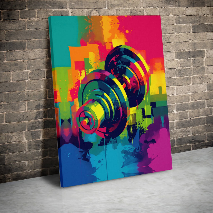 Dumbbell Wall Art Canvas | Colorful Abstract Graffiti Fitness Print | 1.25 Inch Premium Gallery Wrap | Motivational Gym Decor Gift