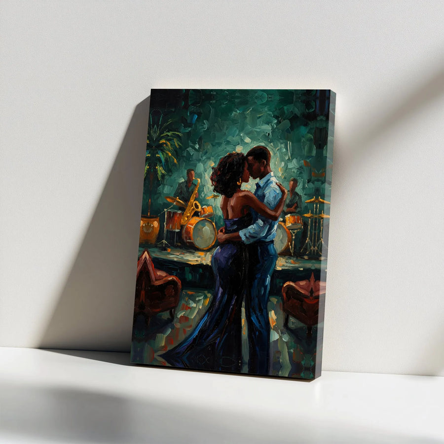 Romantic Black Couple Canvas Print | Impressionist Jazz Club Painting | Premium Gallery Wrapped Canvas | Modern African American Art Gift