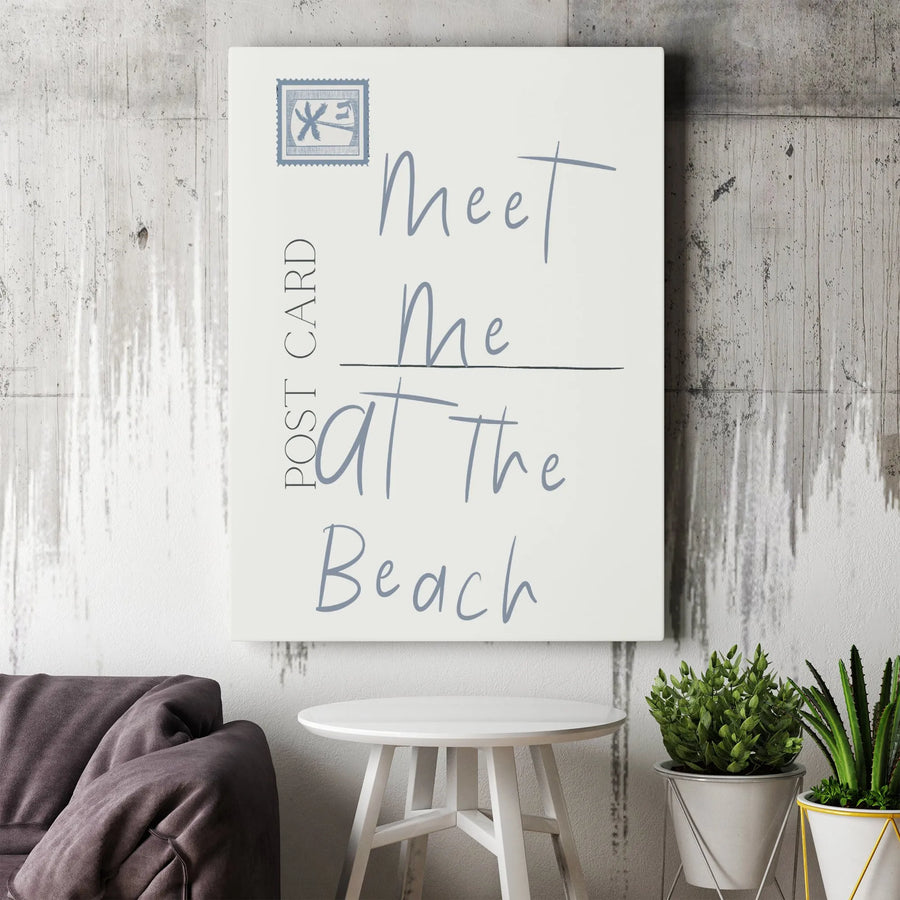 Meet Me At The Beach Canvas Wall Art | Minimalist Postcard Quote Print | Premium Frameless Gallery Canvas | Coastal Home Decor Gift