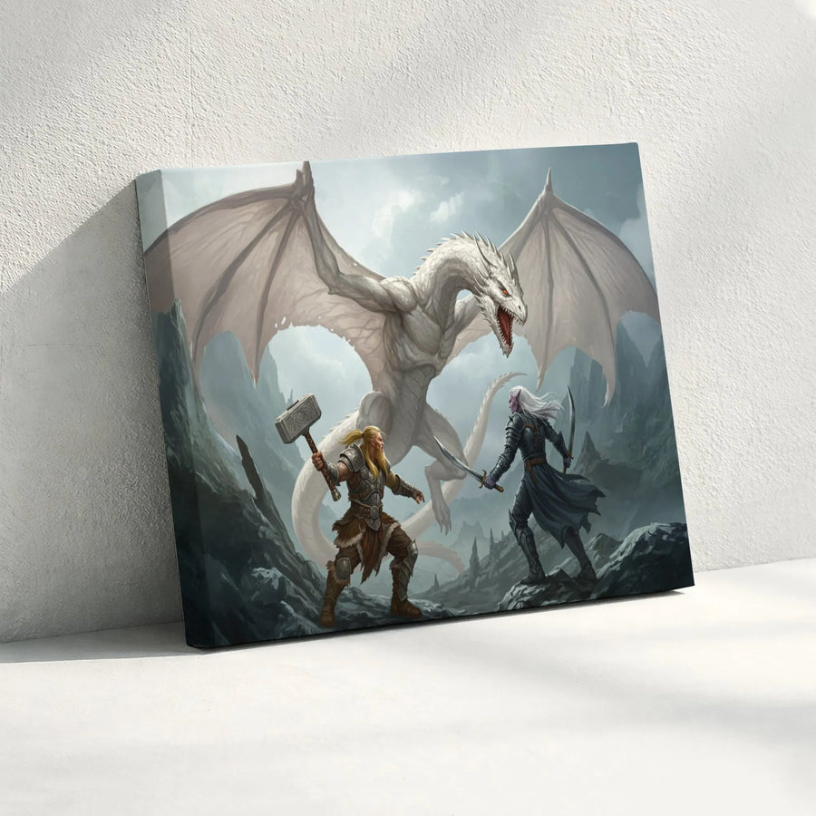 Fantasy Battle Wall Art | White Dragon vs Viking and Dark Elf | Premium 1.25-Inch Gallery Canvas | Epic Gaming Room Decor Gift