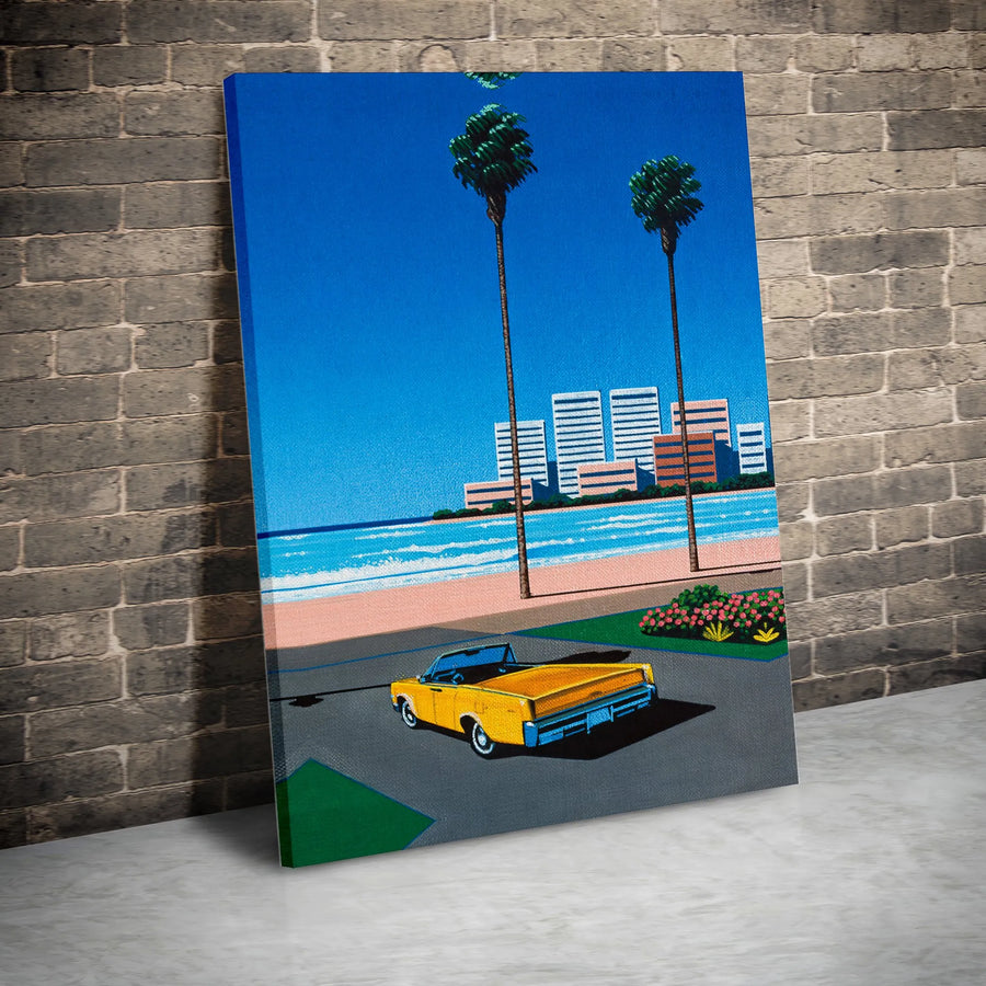 Retro 80s City Pop Art Canvas | Yellow Convertible Palm Tree Beach Print | Gallery-Quality 1.25 Inch Wrap | Aesthetic Vaporwave Wall Decor