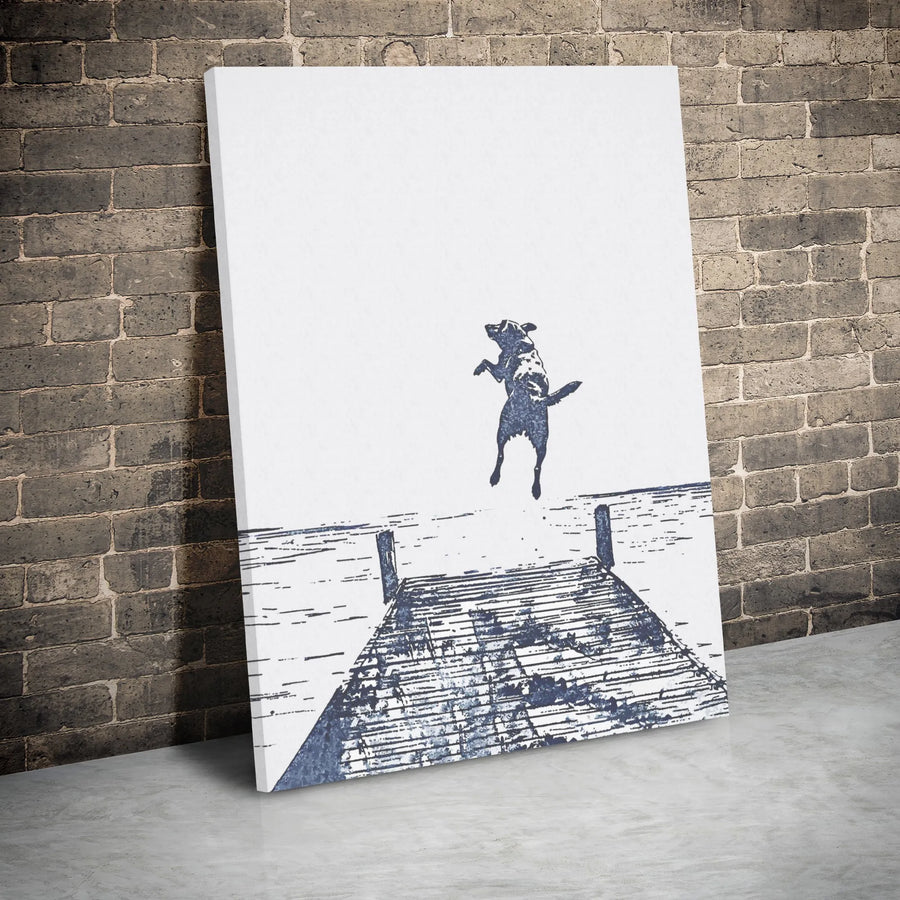 Dog Jumping Into Water Canvas Art | Minimalist Dock Sketch Print | Premium Gallery Wrap Wall Decor | Gift for Dog Lovers & Pet Owners