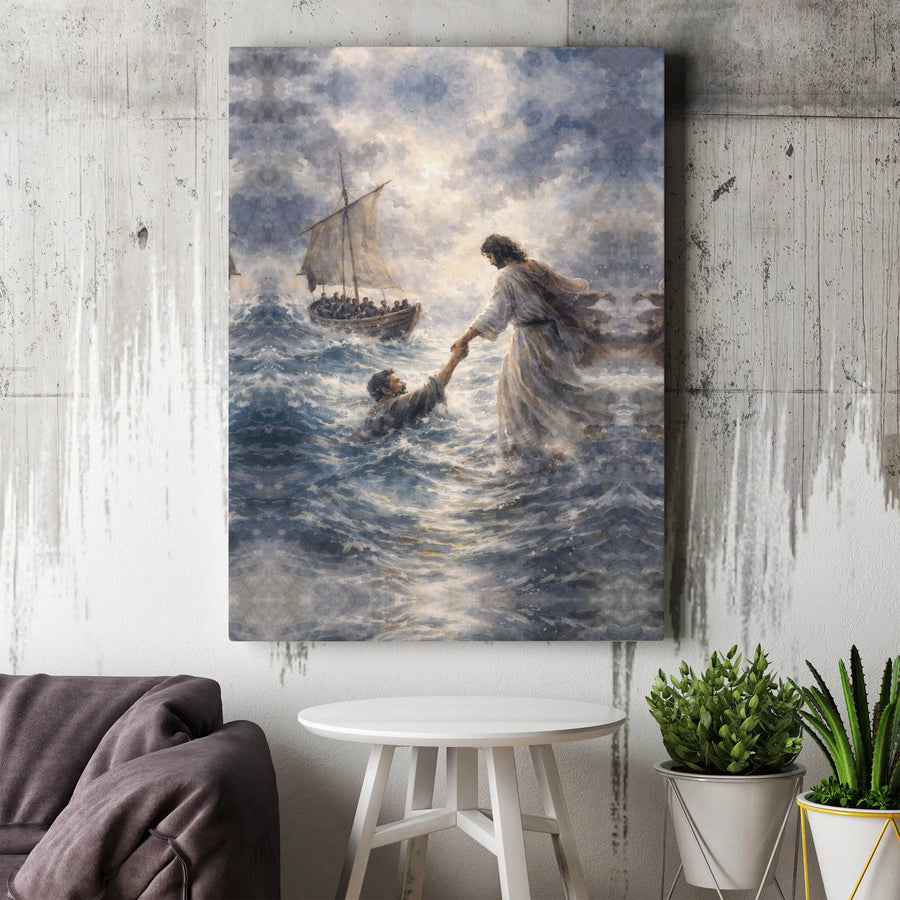 Jesus Walking on Water Canvas Art | Biblical Stormy Sea Painting | Premium High-Resolution Print | Inspirational Christian Home Decor Gift