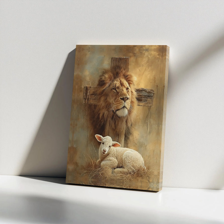 Lion and Lamb Christian Wall Art | Lion of Judah and Lamb of God Painting | Premium Gallery Wrapped Canvas | Religious Faith Home Decor Gift