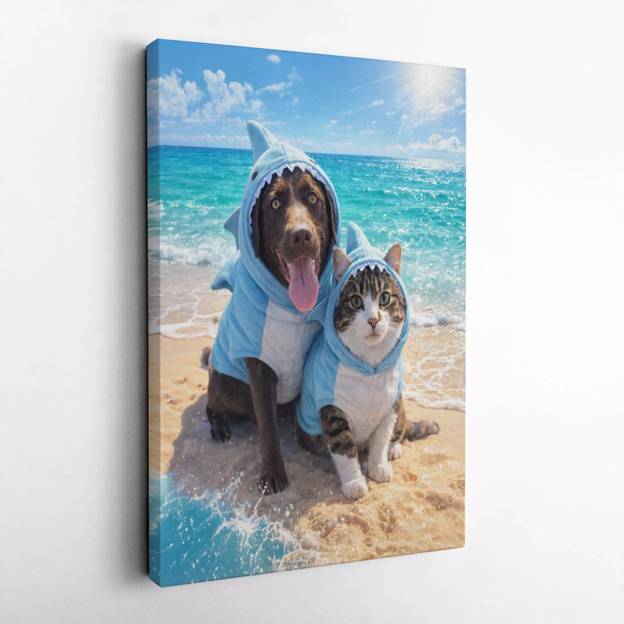 Funny Dog and Cat Wall Art | Pets in Shark Costumes on Beach | Premium Canvas Print | Gift for Pet Lover & Nursery Decor