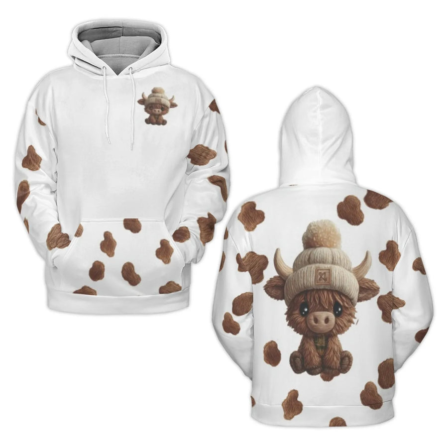 Highland Cow 3D Hoodie | Cute Baby Cow With Beanie Print | Premium Brushed Fleece Pullover | Unisex Farmhouse Style Gift for Animal Lovers