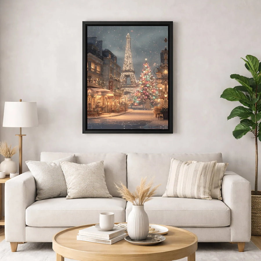 Paris Christmas Canvas Wall Art | Snowy Eiffel Tower Winter Scene | Premium Gallery Wrap Decor | Holiday Living Room Home Gift