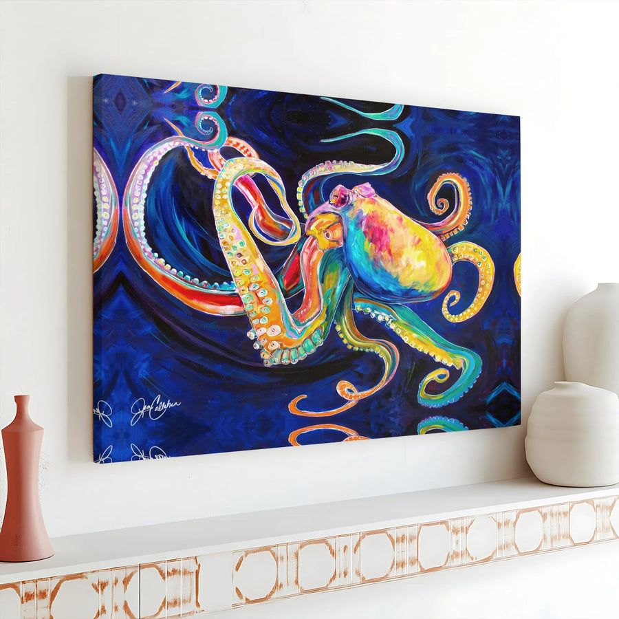 Colorful Octopus Canvas Wall Art | Vibrant Psychedelic Sea Life Print | Premium 1.25-inch Gallery Wrap | Modern Beach House Decor