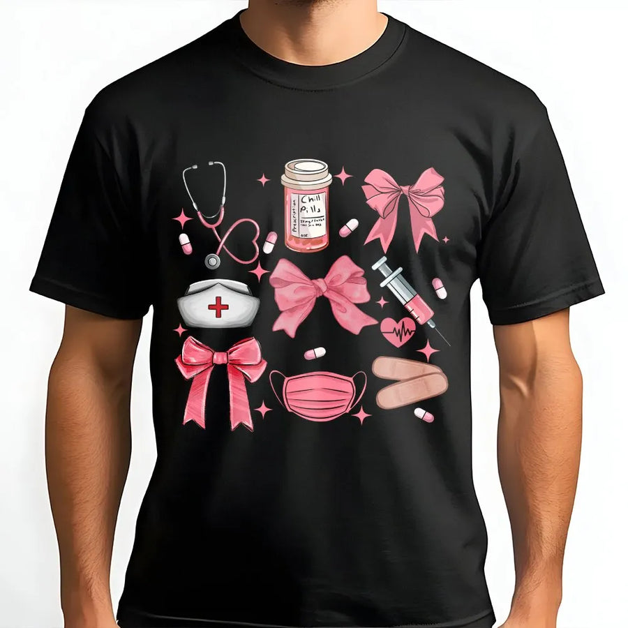 Coquette Nurse T-Shirt | Aesthetic Pink Bow Graphic Print | Soft Cotton Blend Crewneck | Gift for RN Nursing School Student