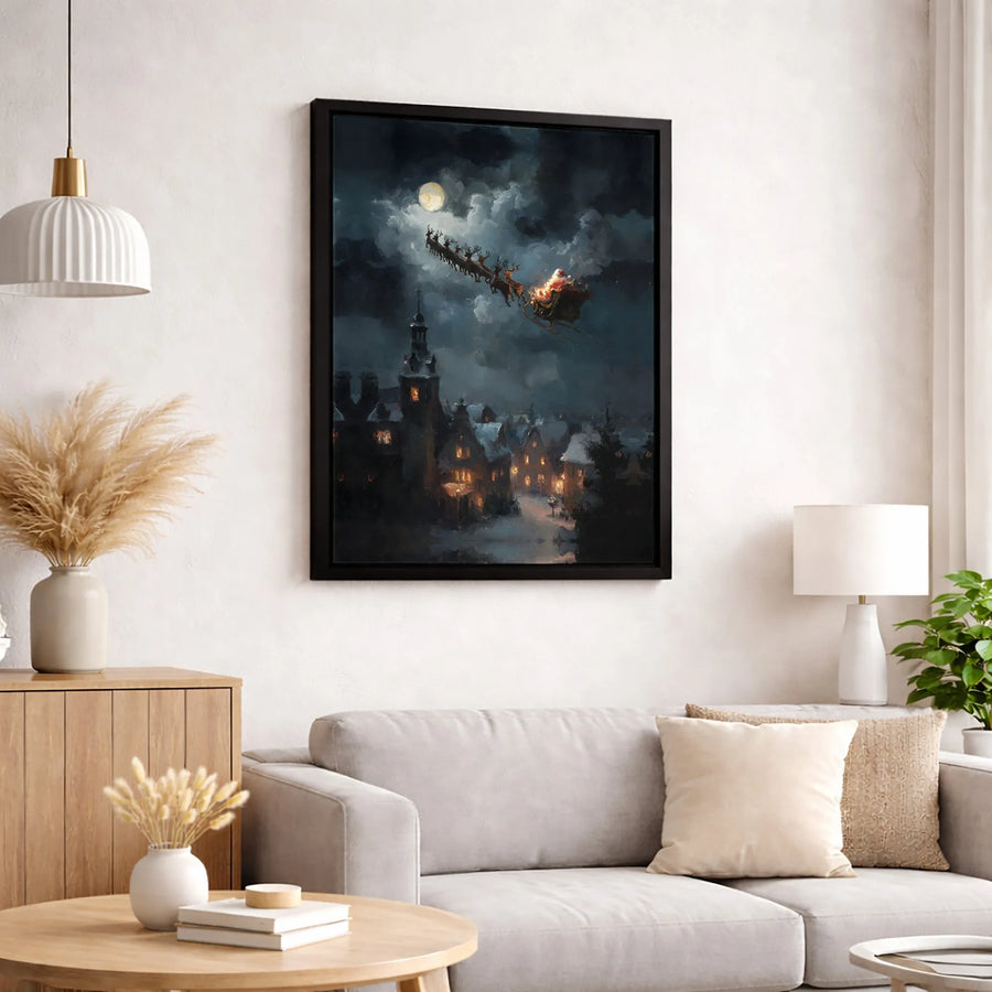Santa Sleigh Canvas Print | Snowy Christmas Village Night Scene | Premium Fade-Resistant Wall Art | Holiday Home Decor Gift