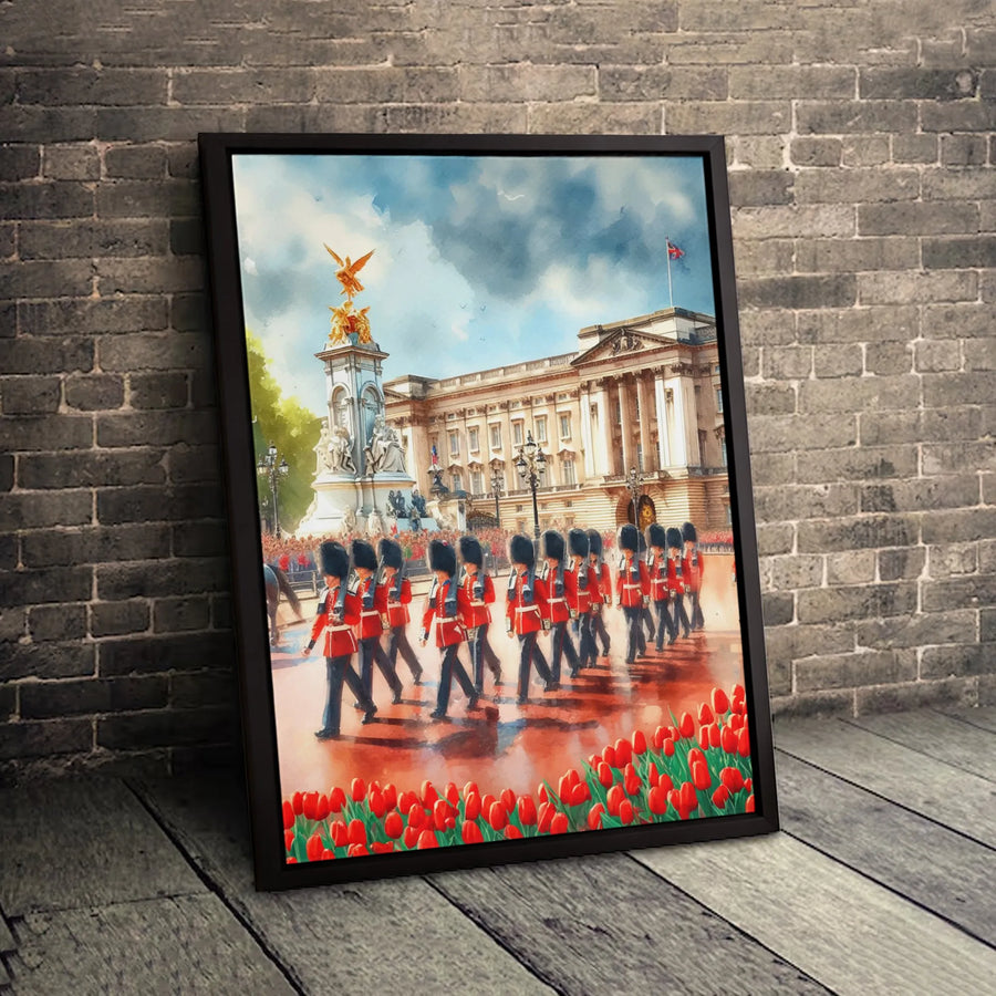 Buckingham Palace Canvas Print | Queen's Guard Watercolor Painting | Premium Gallery Wrap Wall Art | British Travel Decor Gift