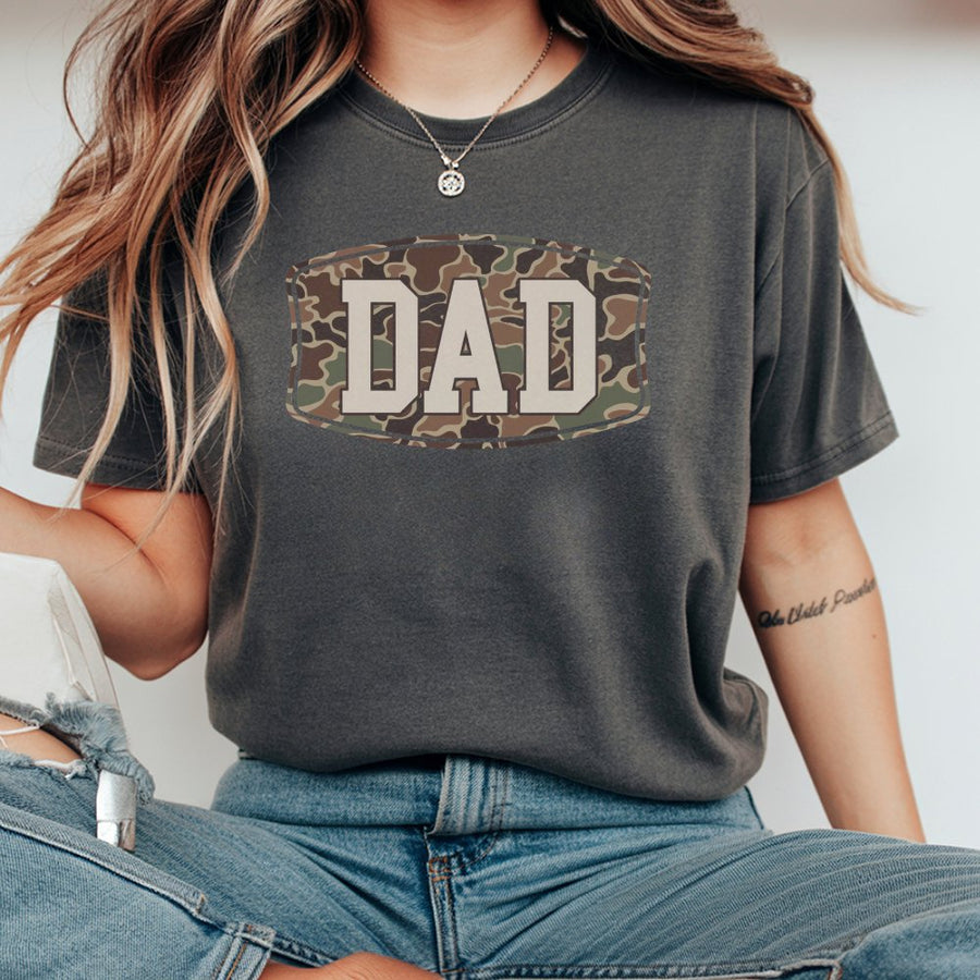 Camo Dad T-Shirt | Rustic Military Style Lettering | 100% Cotton Premium Tee | Best Father's Day 2026 Gift for Men & Grandpa